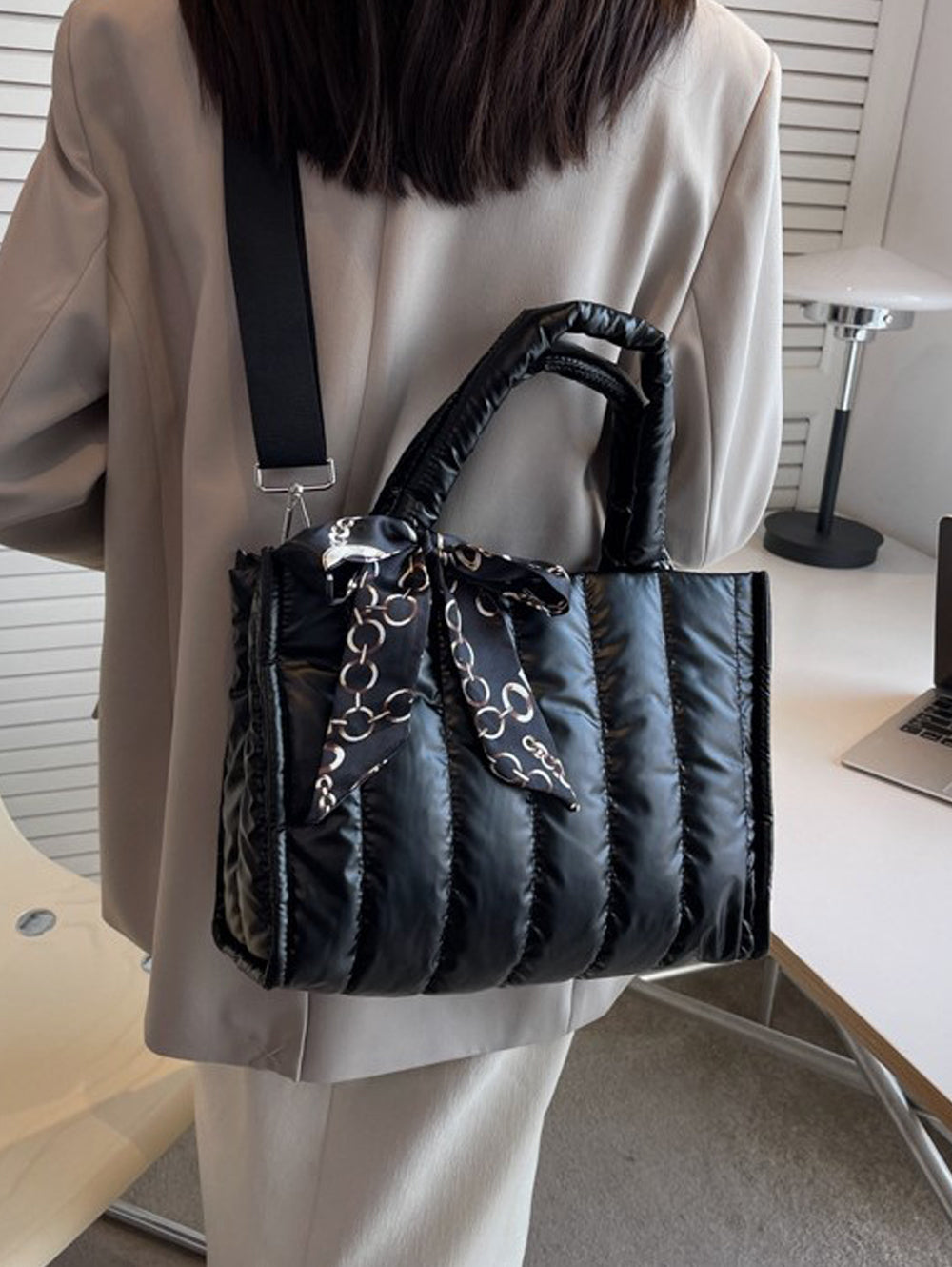 Quilted Puff Scarf Charm Tote Bag