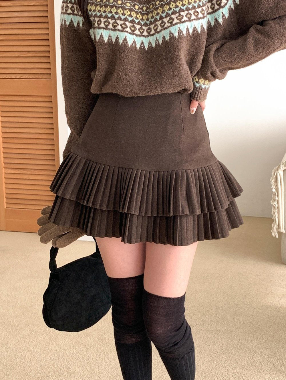 Two-Tier Pleated Wool Mini Skirt