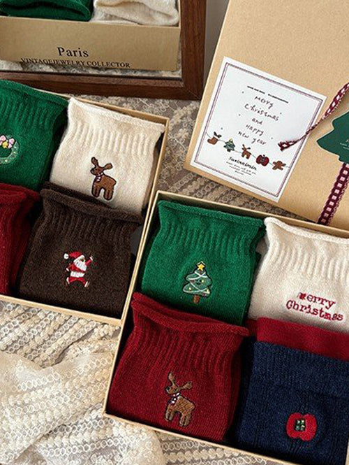 Holiday Cozy Embroidery Socks – 4-Pair Gift Box Set