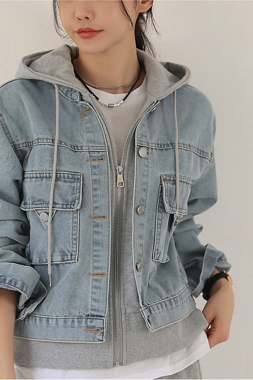 Layered Hooded Denim Jacket - Luckyplanetusa
