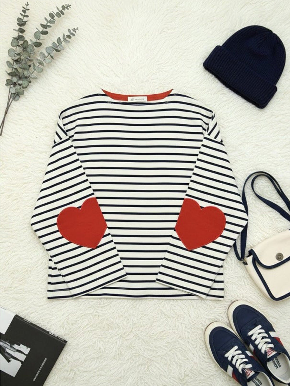 Heart Elbow Breton Stripe Boatneck Tee Cotton