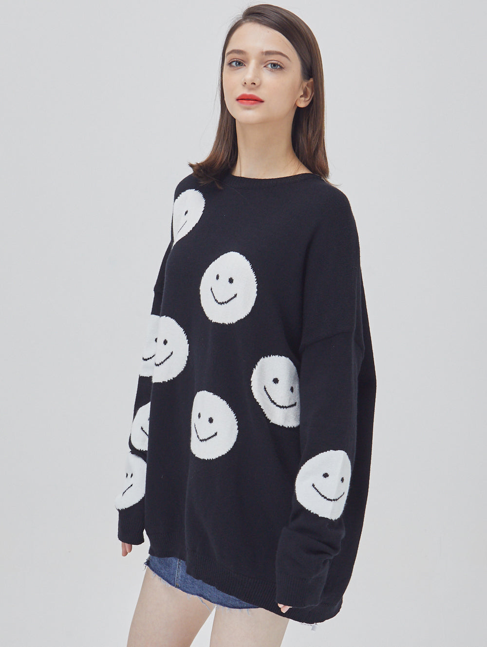 Happy Face Oversized Intarsia Knit Sweater