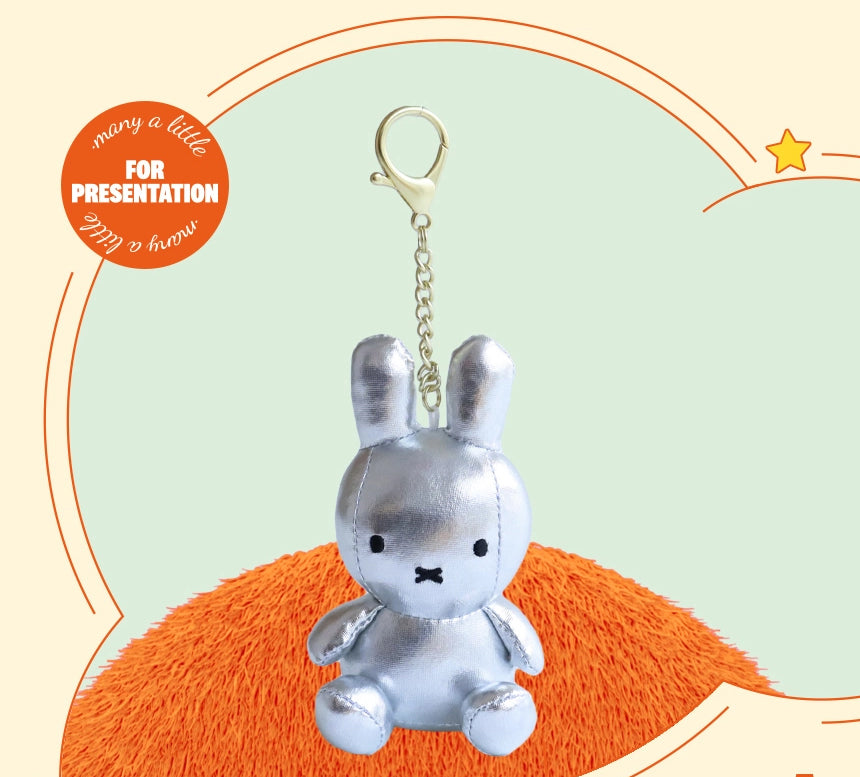 Miffy keyring plush dolls in Light (glow-in-the-dark), Silver, and Gold