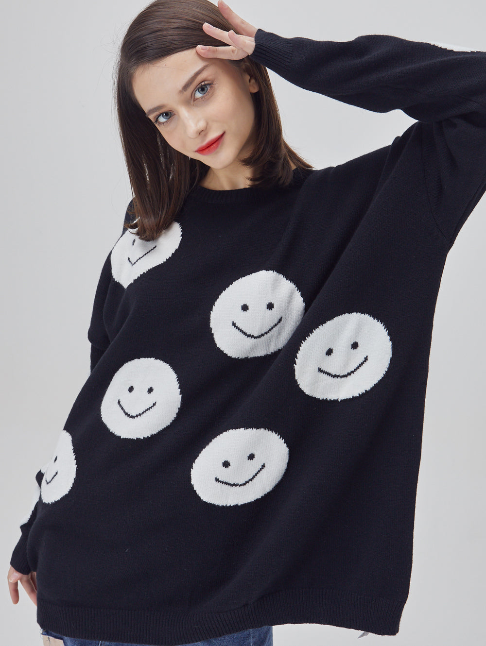 Happy Face Oversized Intarsia Knit Sweater