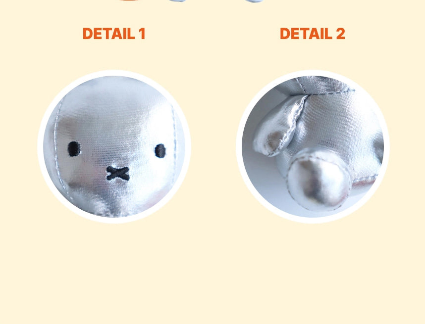 Miffy keyring plush dolls in Light (glow-in-the-dark), Silver, and Gold