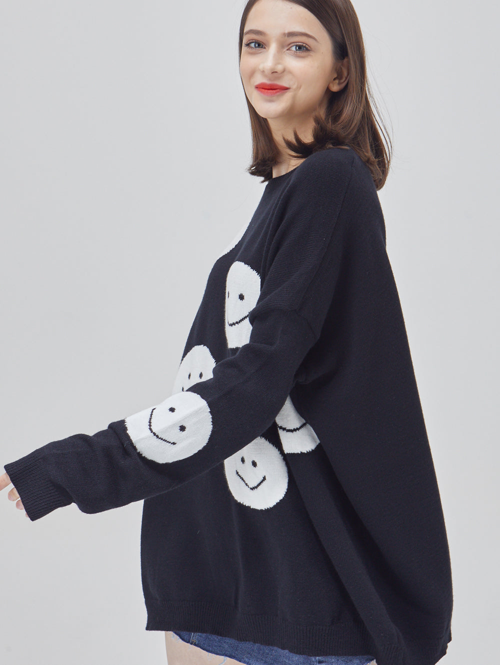 Happy Face Oversized Intarsia Knit Sweater