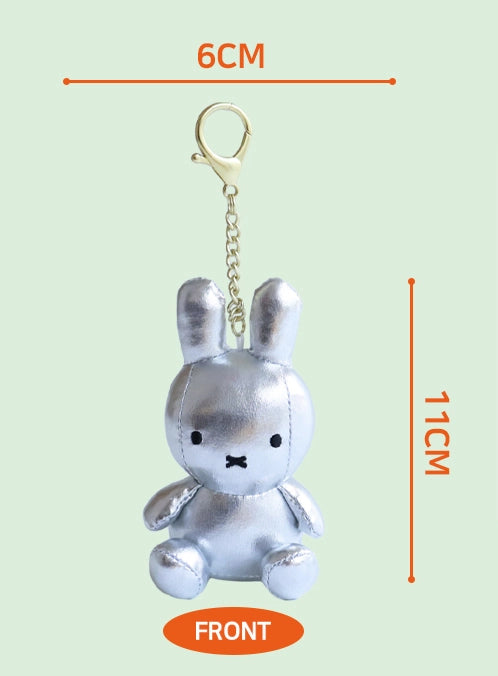 Miffy keyring plush dolls in Light (glow-in-the-dark), Silver, and Gold