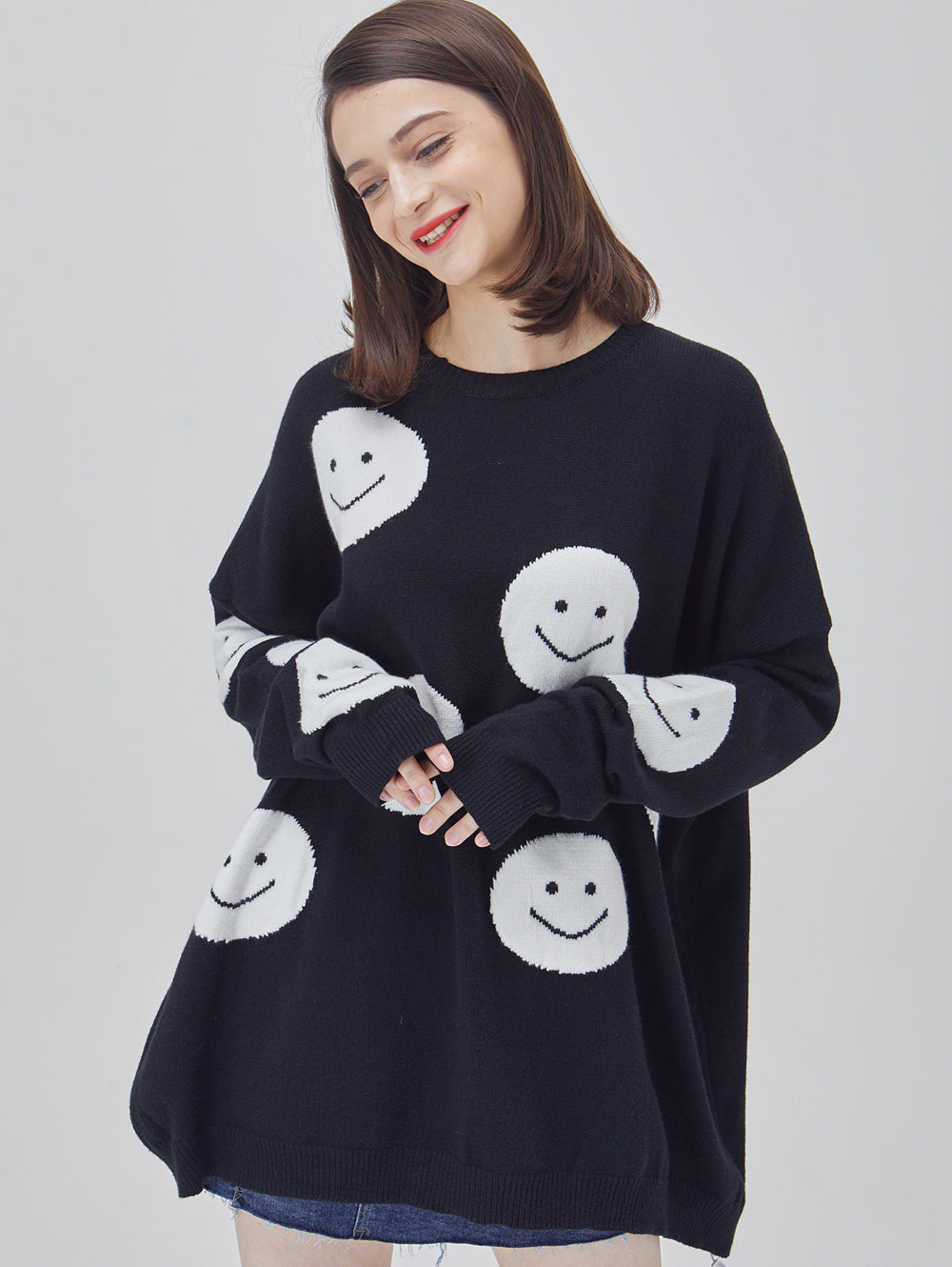Happy Face Oversized Intarsia Knit Sweater