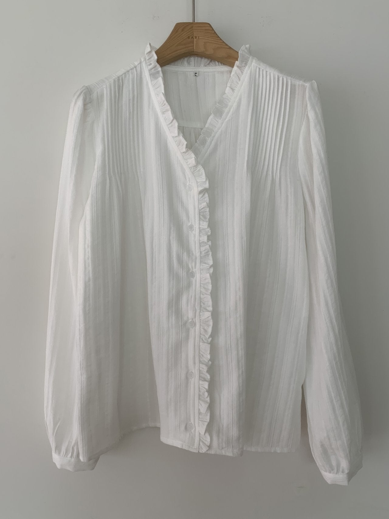 Soft Pleat Ruffle V-Neck Blouse Sheer Textured Feminine Shirt