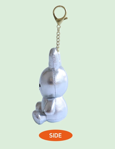 Miffy keyring plush dolls in Light (glow-in-the-dark), Silver, and Gold