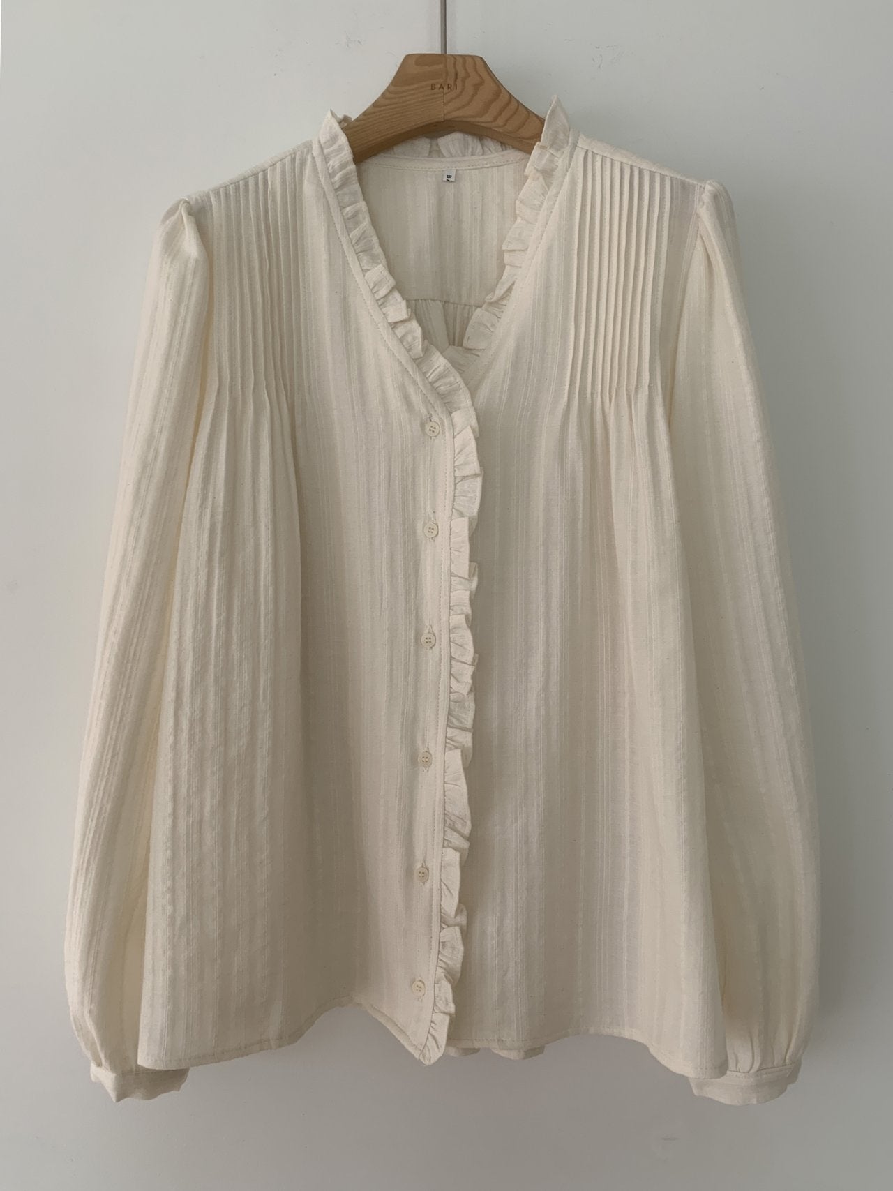 Soft Pleat Ruffle V-Neck Blouse Sheer Textured Feminine Shirt