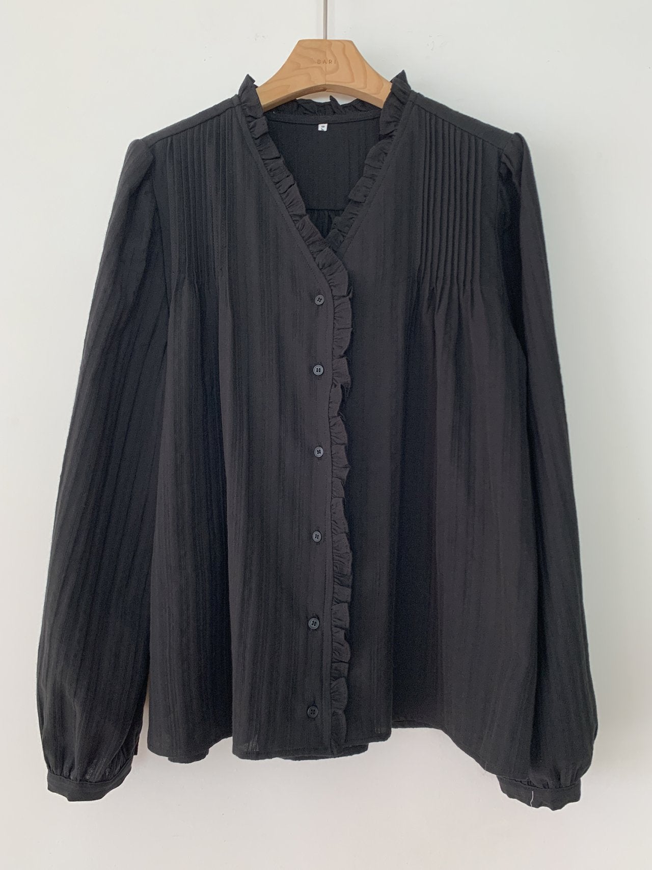 Soft Pleat Ruffle V-Neck Blouse Sheer Textured Feminine Shirt