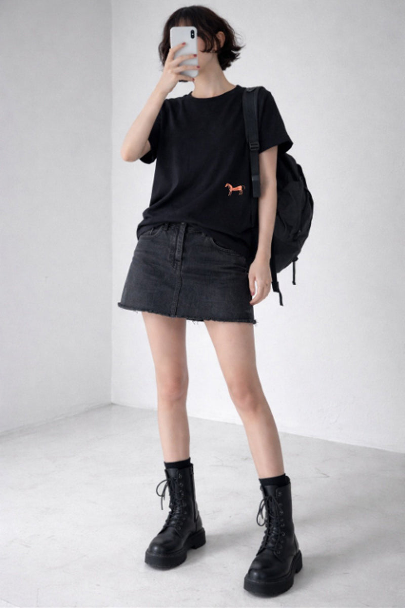 Lucky Pony Embroidery Cotton Tee - Luckyplanetusa