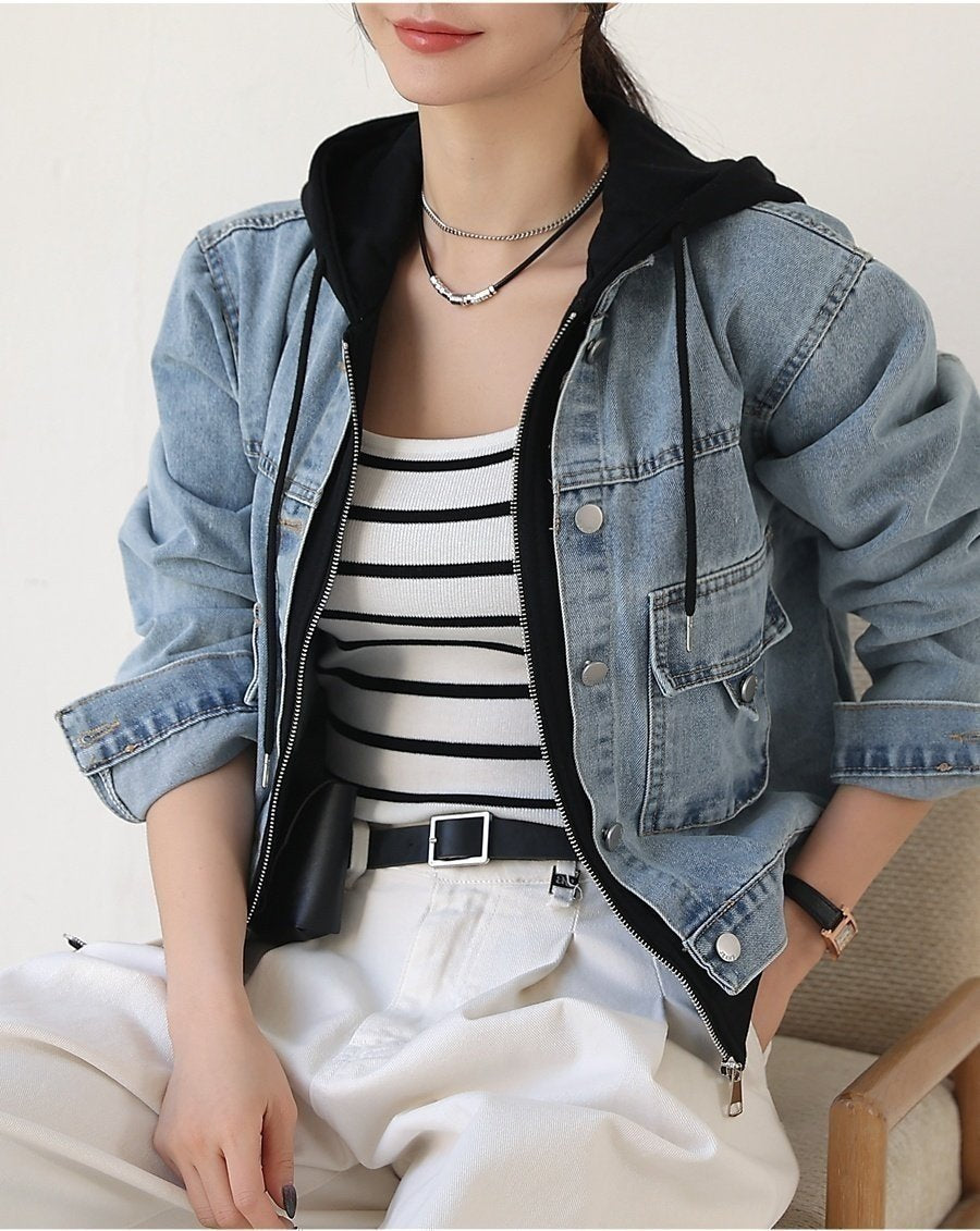 Layered Hooded Denim Jacket - Luckyplanetusa