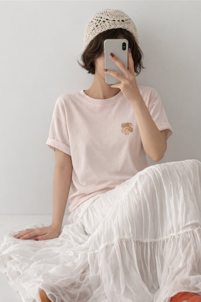 Blossom Embroidery Cotton Tee - Luckyplanetusa