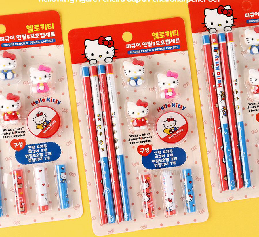 Hello Kitty Stationery Gift Set – 4 Pencils + 3 Figures + Sharpener + 3 Caps
