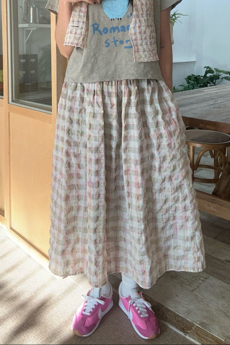Soft Gingham Check Cotton Volume Skirt Made in Korea - Luckyplanetusa