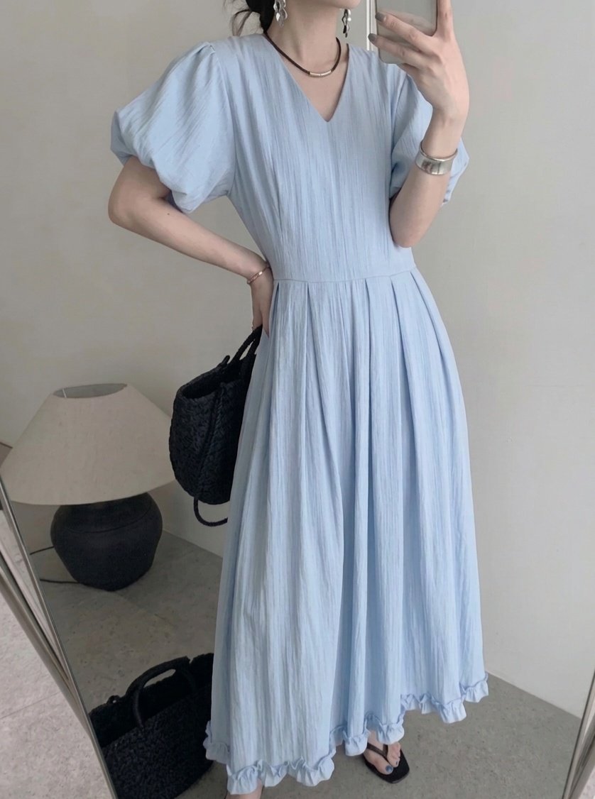 Airy Flow Balloon Sleeve Long Dress - Luckyplanetusa