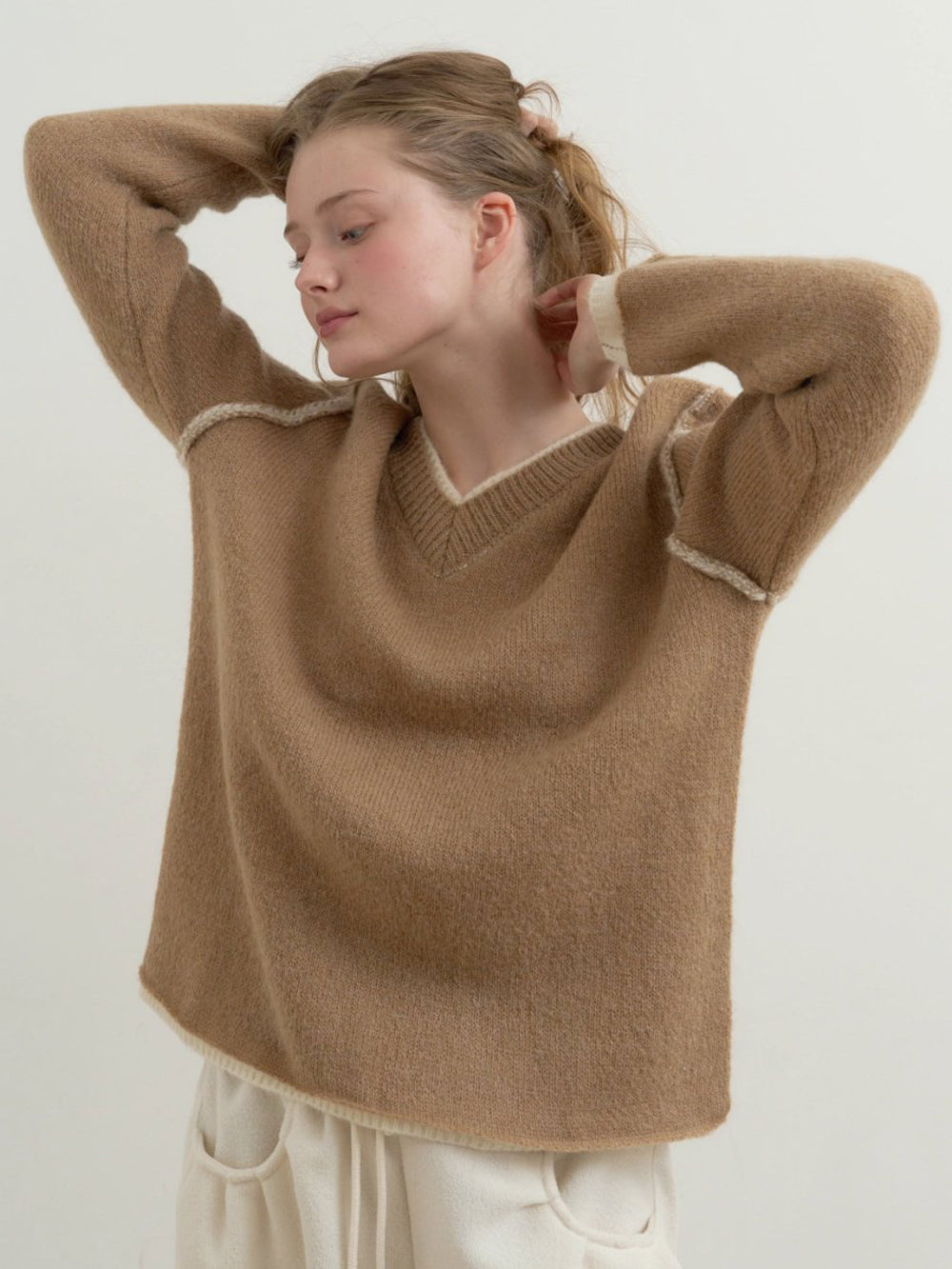 Even Layered V-Neck Knit Sweater Alpaca Wool Blend Made in Korea
