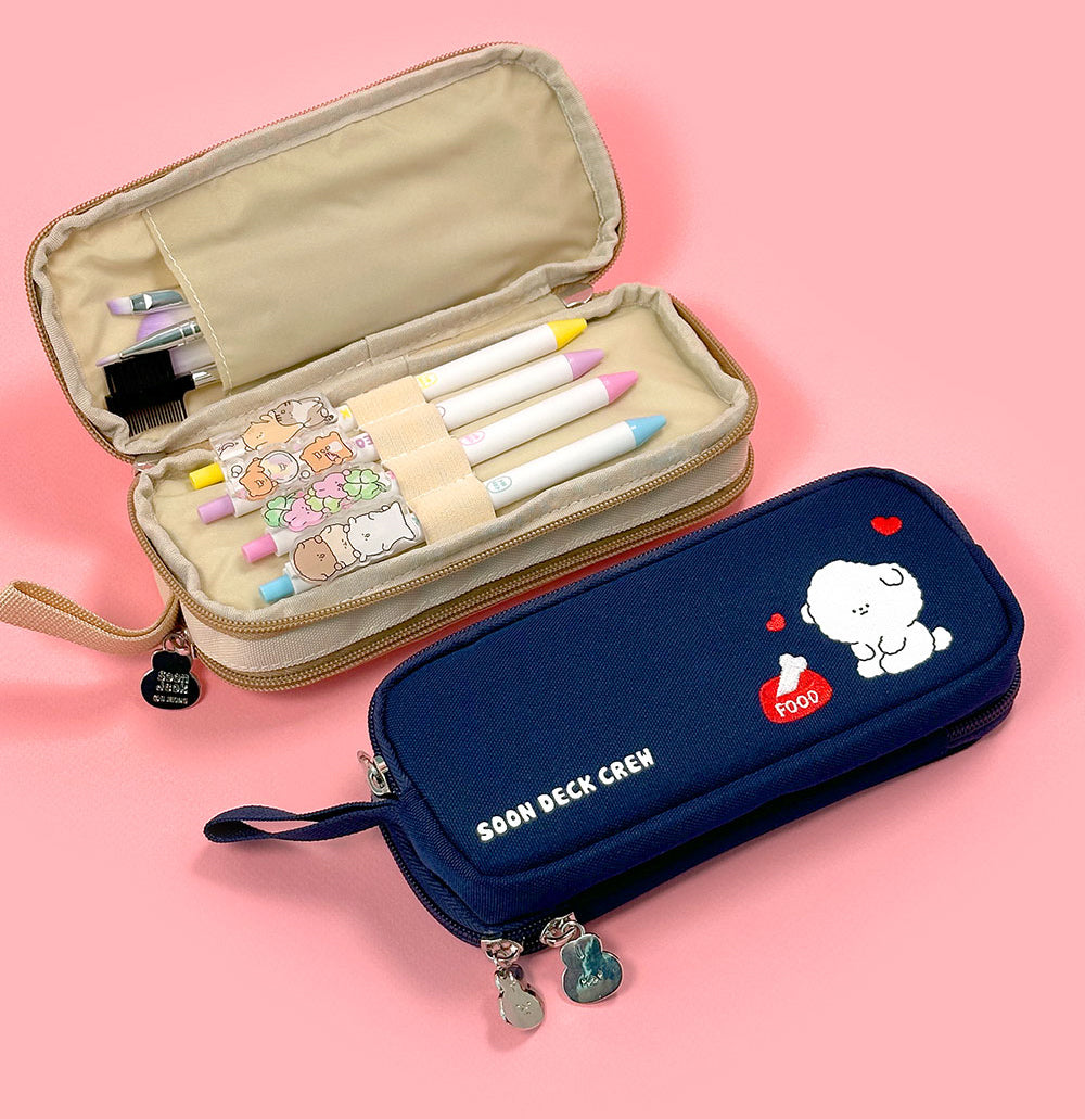 Soon Deok Embroidered Double-Zipper Pencil Case