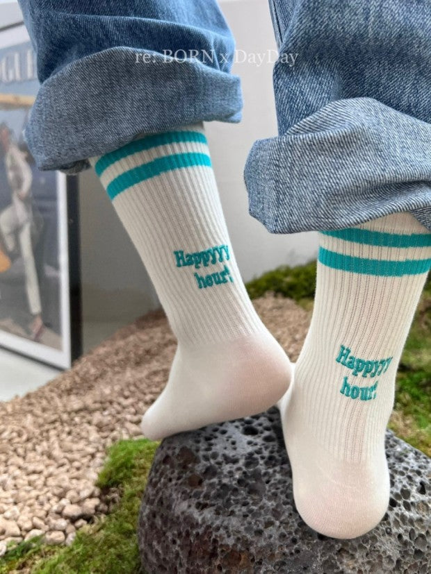 Happy Hour Varsity Cotton Socks - Luxury Embroidered Womens Daily Socks - Luckyplanetusa