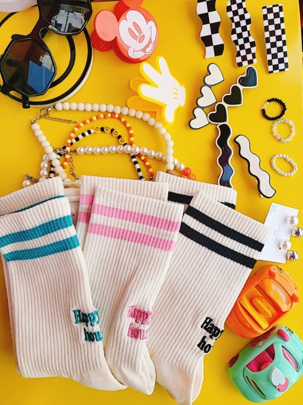 Happy Hour Varsity Cotton Socks - Luxury Embroidered Womens Daily Socks - Luckyplanetusa