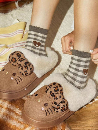 Hello Kitty Furry Winter Slippers – Leopard Bow & Cozy Plush Lining