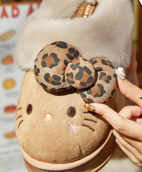 Hello Kitty Furry Winter Slippers – Leopard Bow & Cozy Plush Lining