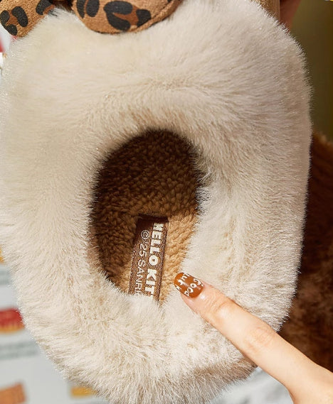 Hello Kitty Furry Winter Slippers – Leopard Bow & Cozy Plush Lining
