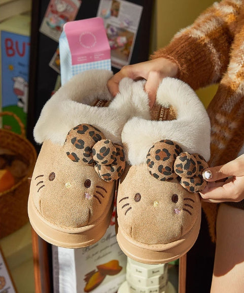 Hello Kitty Furry Winter Slippers – Leopard Bow & Cozy Plush Lining