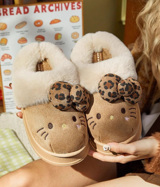 Hello Kitty Furry Winter Slippers – Leopard Bow & Cozy Plush Lining