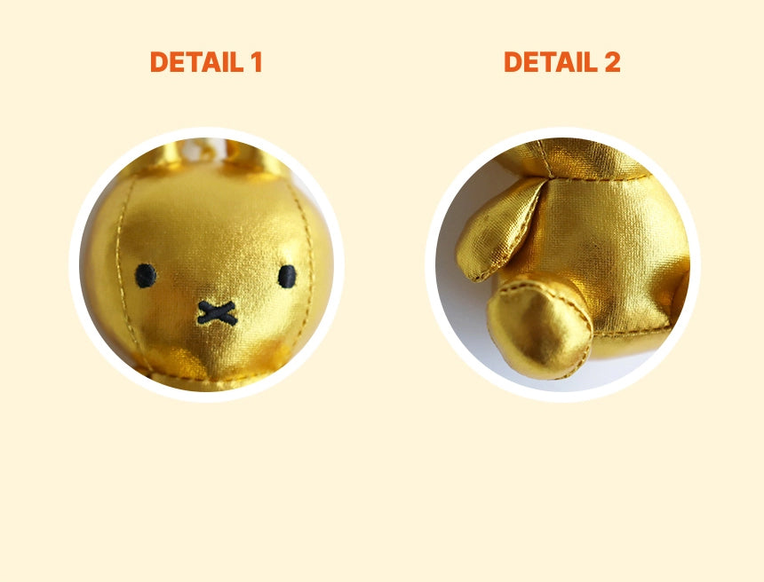 Miffy keyring plush dolls in Light (glow-in-the-dark), Silver, and Gold