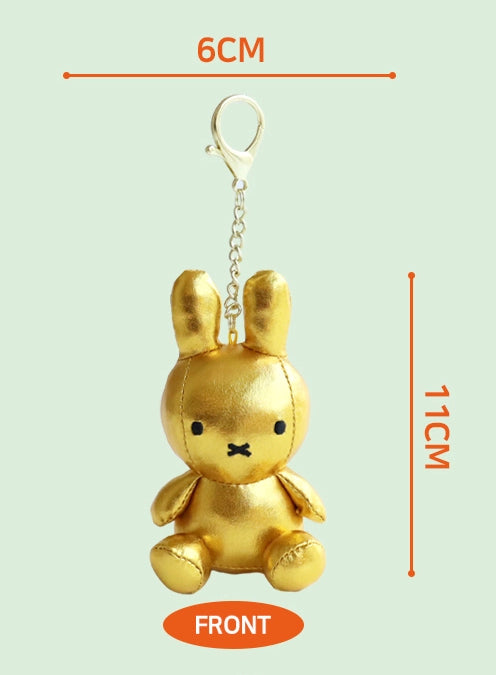 Miffy keyring plush dolls in Light (glow-in-the-dark), Silver, and Gold