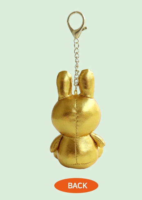 Miffy keyring plush dolls in Light (glow-in-the-dark), Silver, and Gold