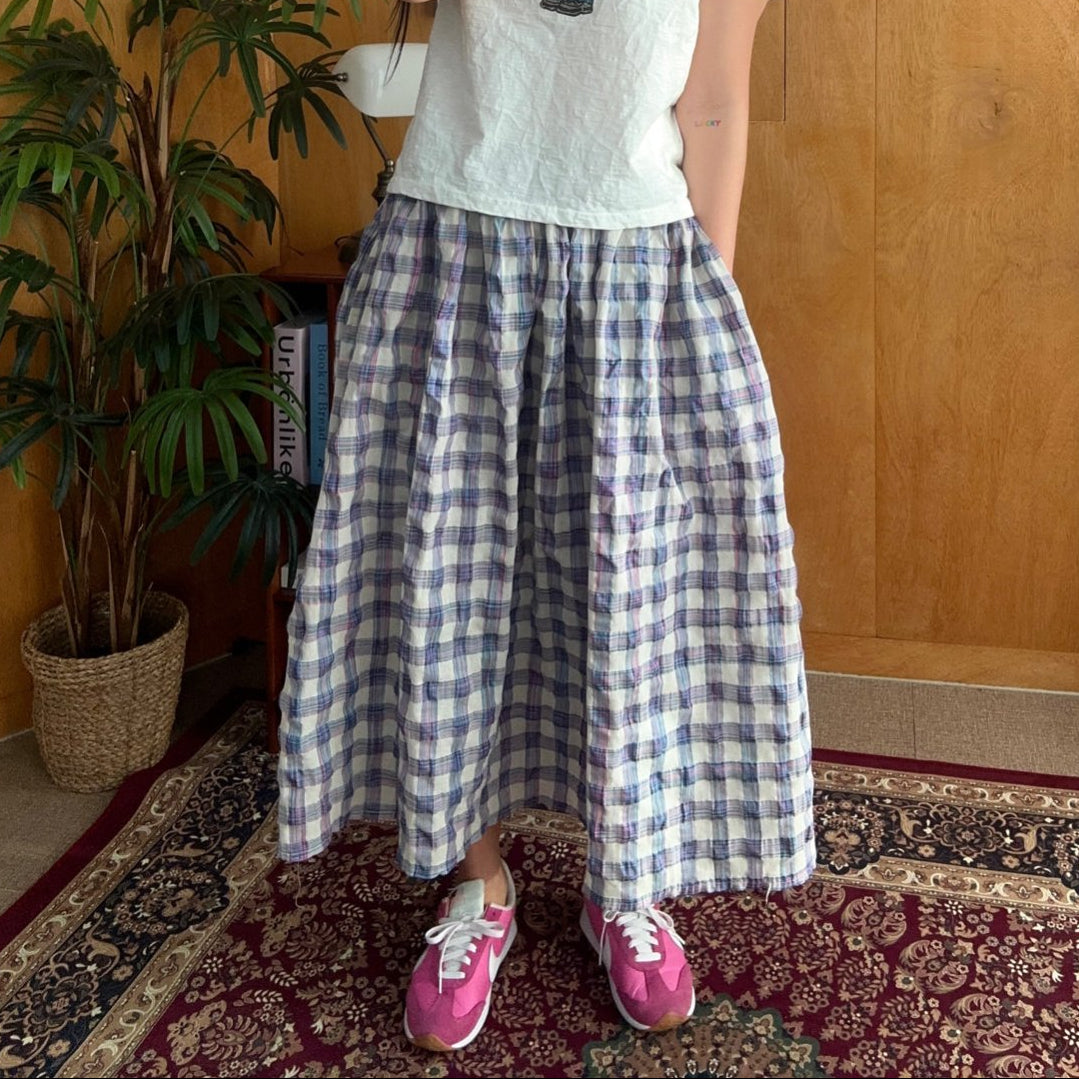 Soft Gingham Check Cotton Volume Skirt Made in Korea - Luckyplanetusa