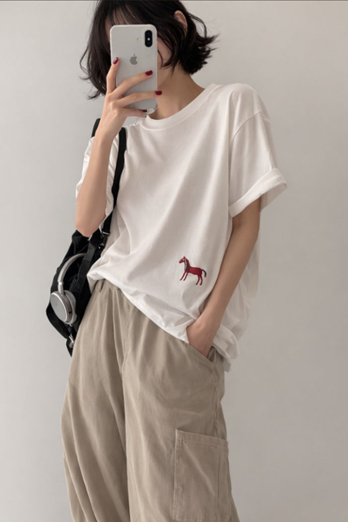 Lucky Pony Embroidery Cotton Tee - Luckyplanetusa