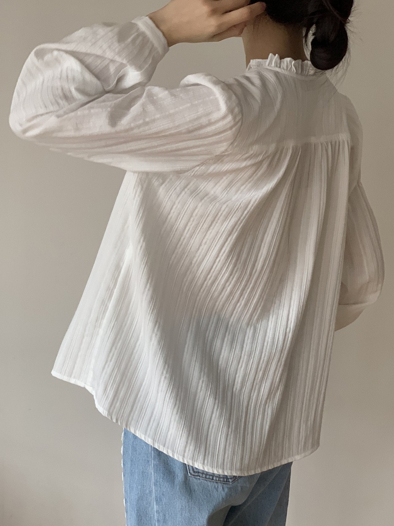 Soft Pleat Ruffle V-Neck Blouse Sheer Textured Feminine Shirt