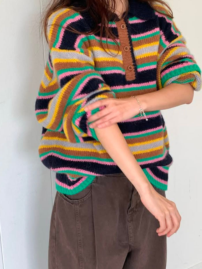 Color Pop Stripe Henley Collar Knit
