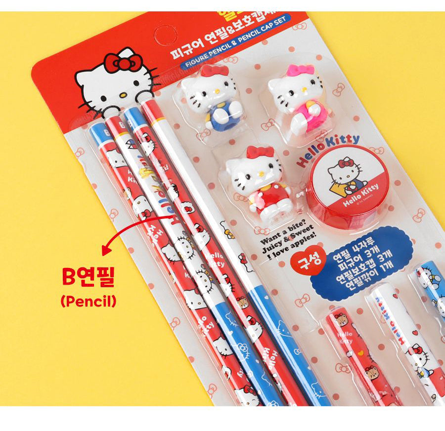 Hello Kitty Stationery Gift Set – 4 Pencils + 3 Figures + Sharpener + 3 Caps