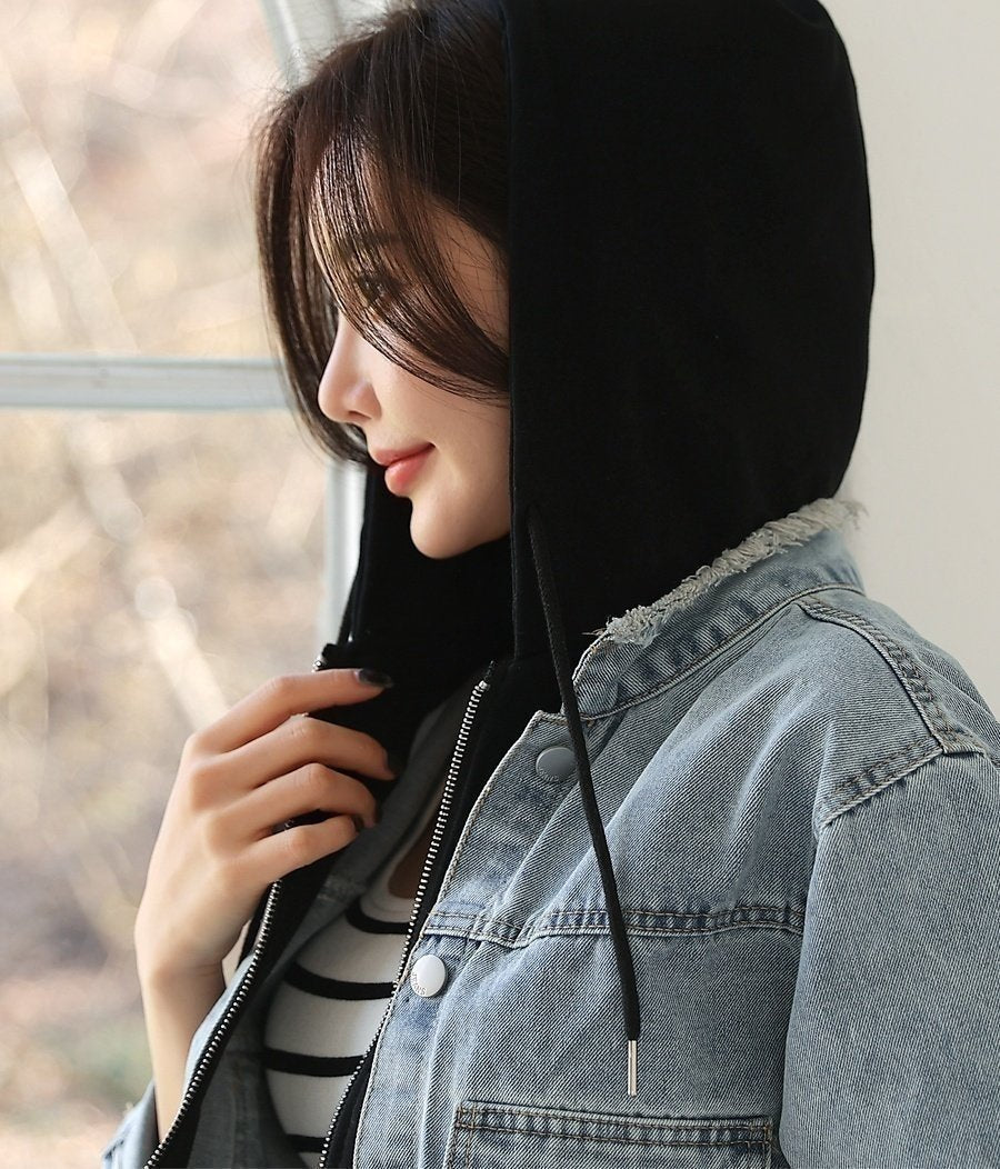 Layered Hooded Denim Jacket - Luckyplanetusa