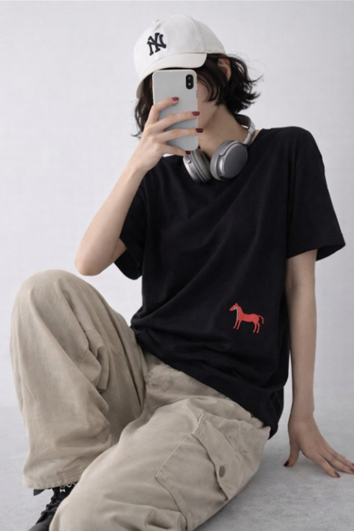 Lucky Pony Embroidery Cotton Tee - Luckyplanetusa