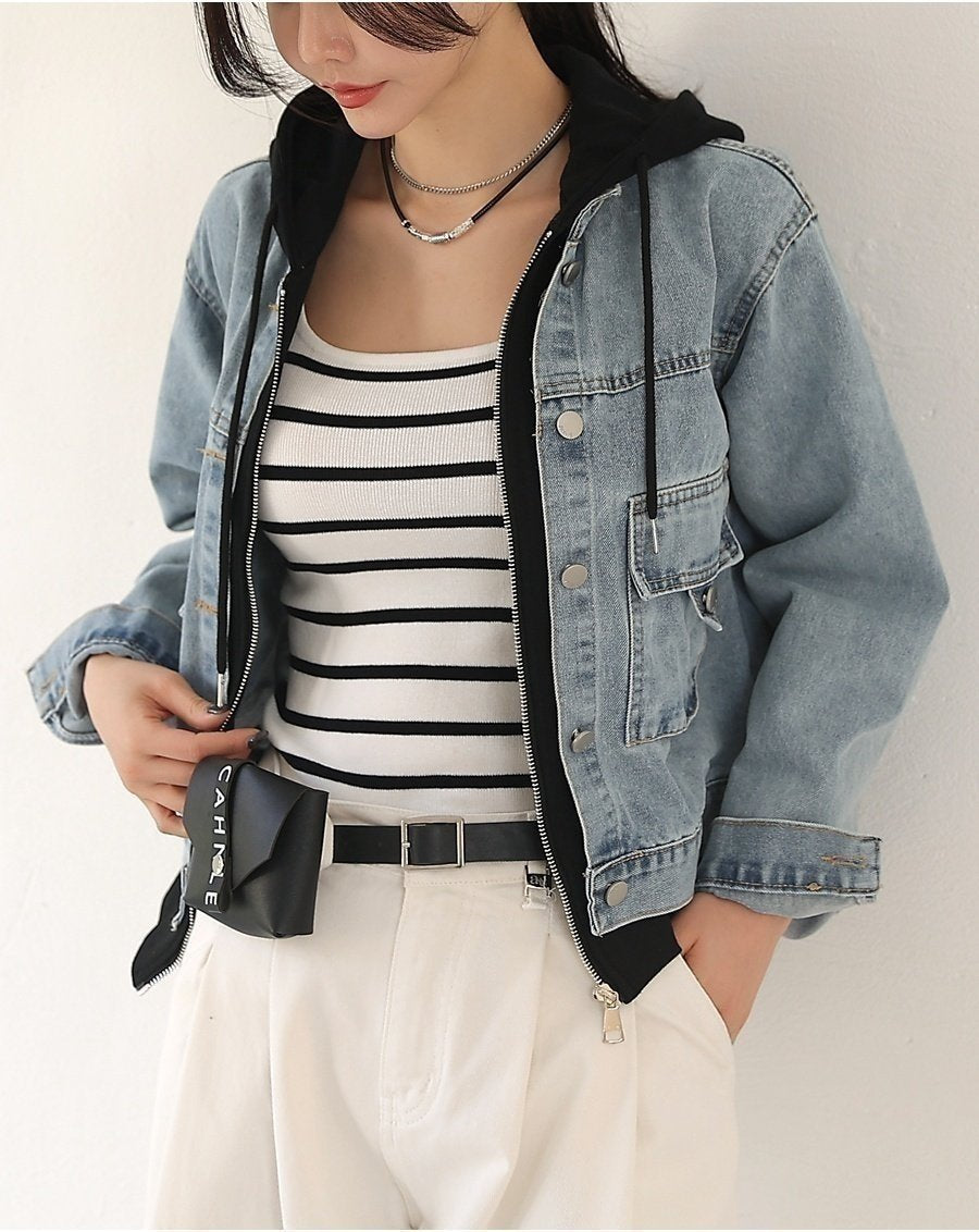 Layered Hooded Denim Jacket - Luckyplanetusa