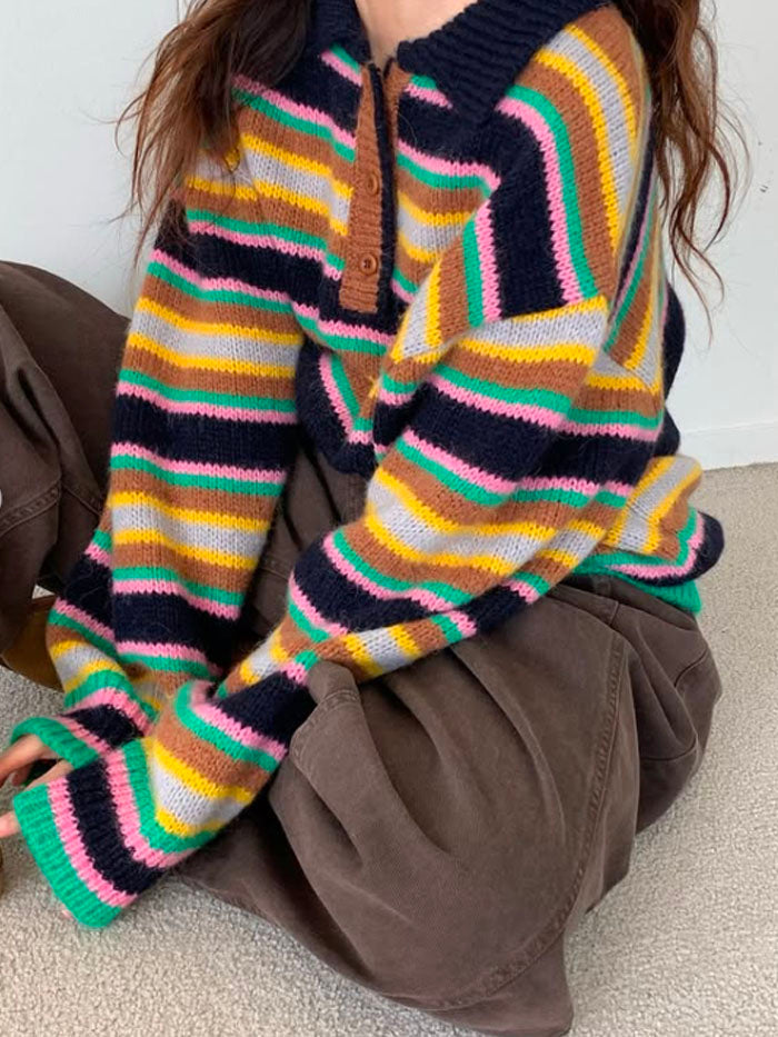 Color Pop Stripe Henley Collar Knit