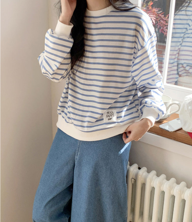 Be Happy Stripe Sweatshirt Made in Korea - Luckyplanetusa