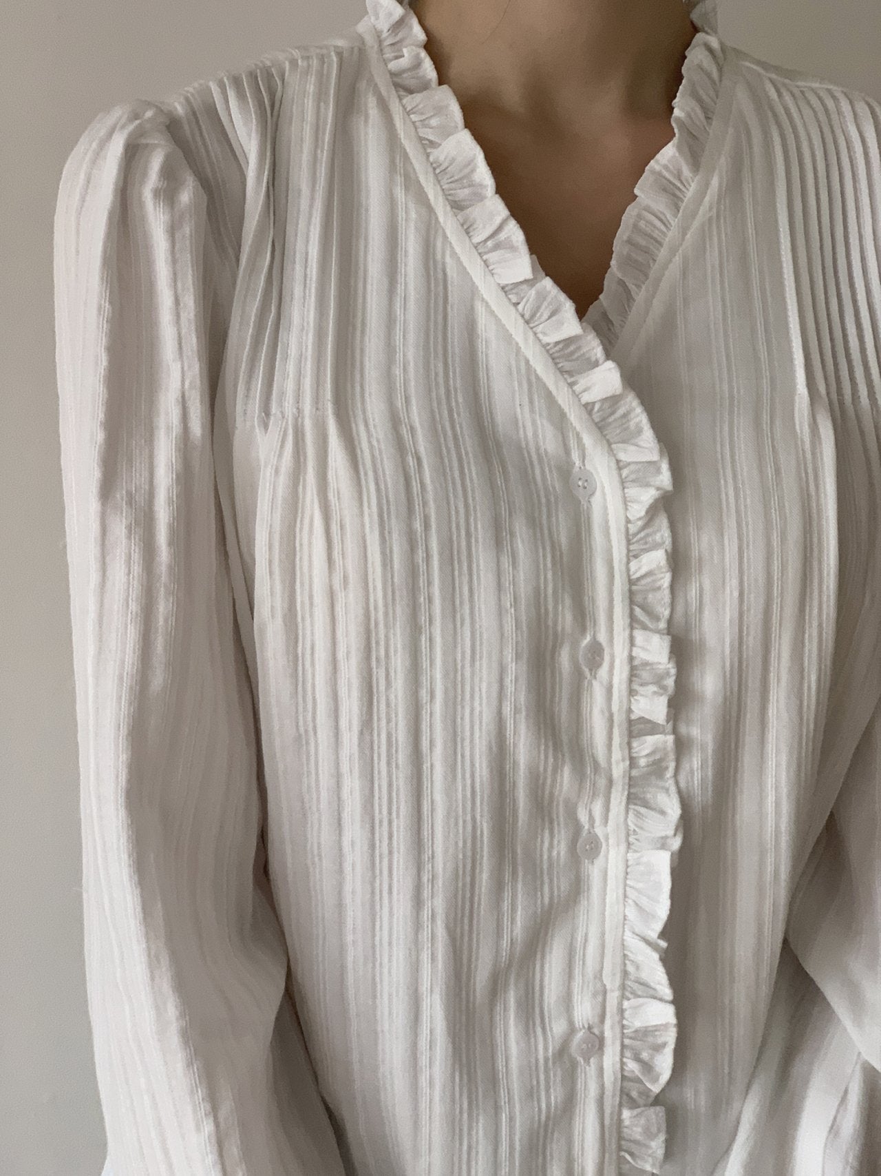 Soft Pleat Ruffle V-Neck Blouse Sheer Textured Feminine Shirt