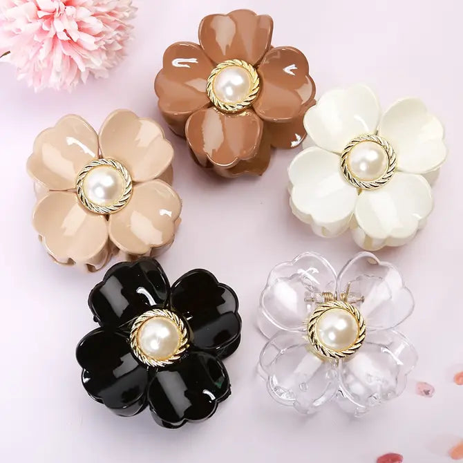 [SALE] Glossy Flower Hair Claw Clip with Pearl  – Elegant