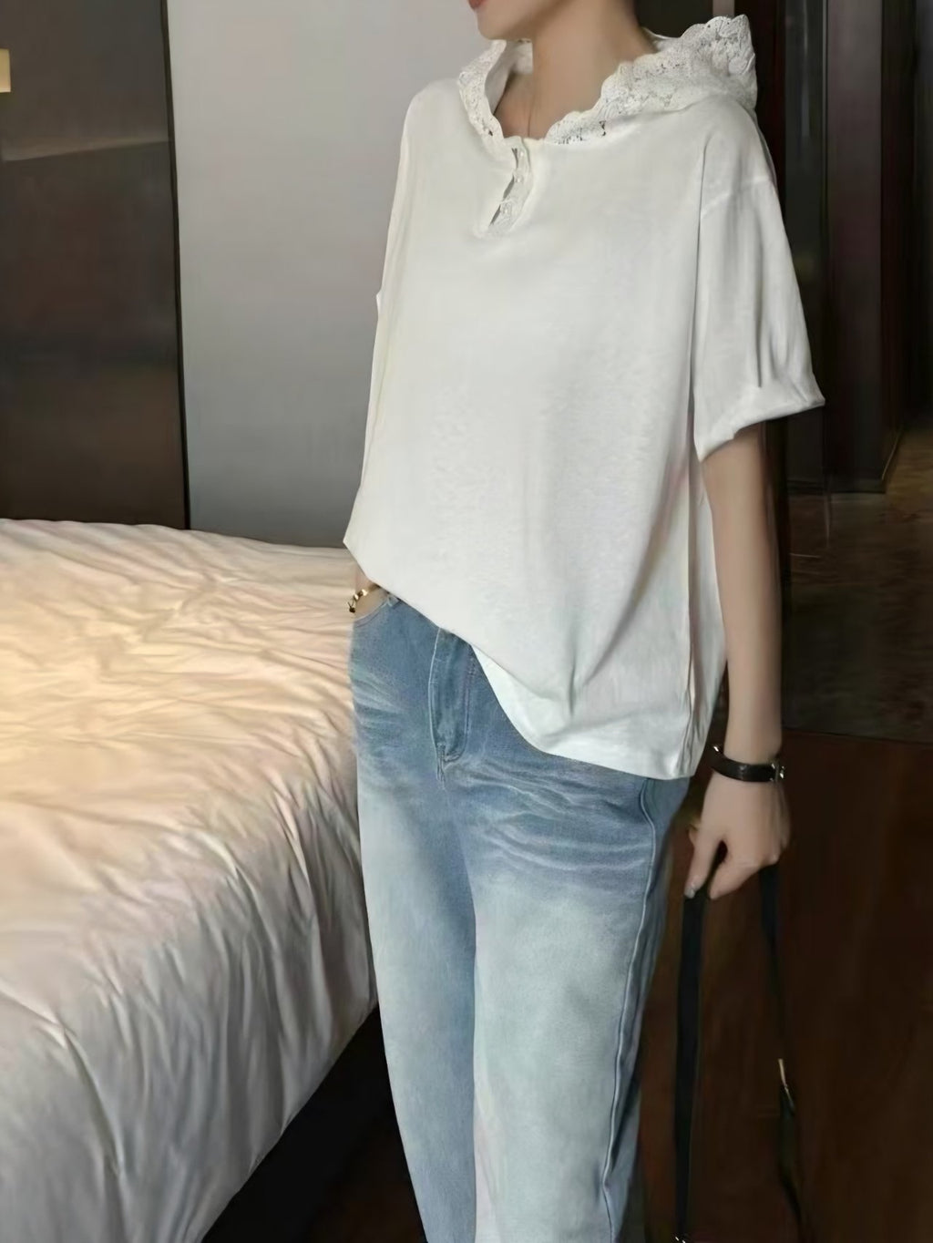 Lace Hood Cotton Relaxed T-Shirt - Luckyplanetusa