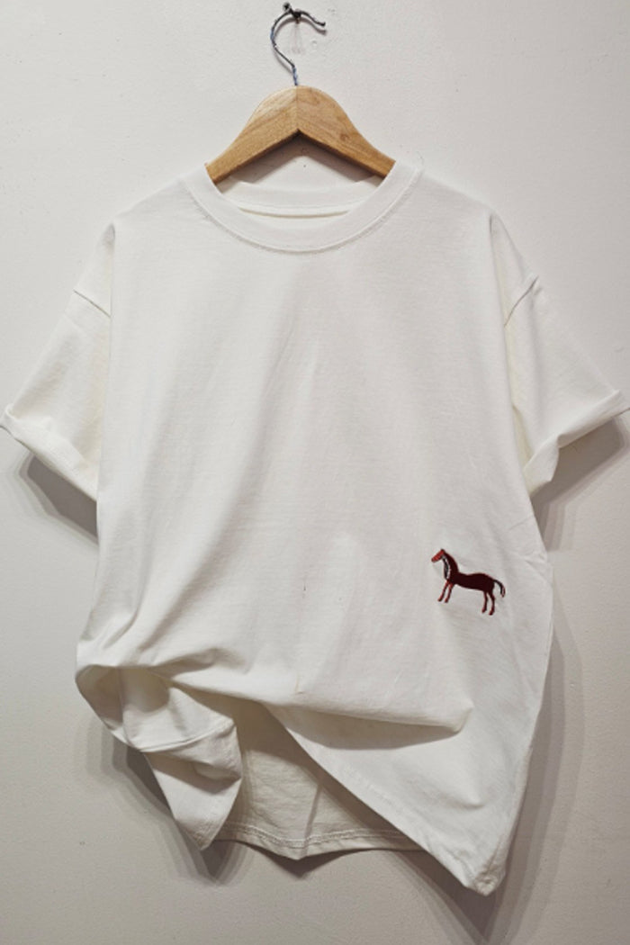 Lucky Pony Embroidery Cotton Tee - Luckyplanetusa