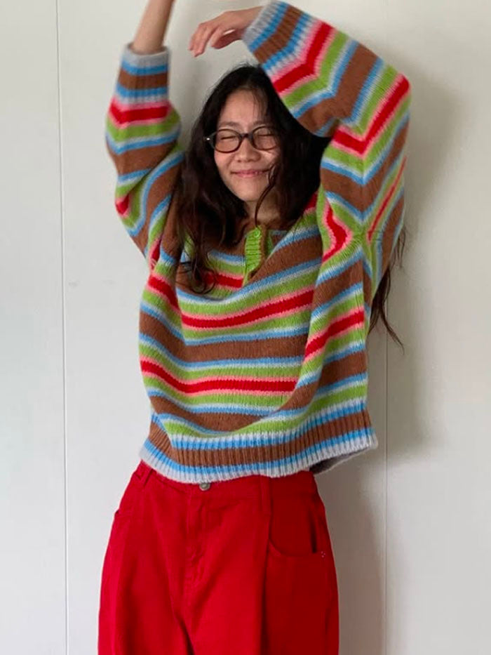 Color Pop Stripe Henley Collar Knit