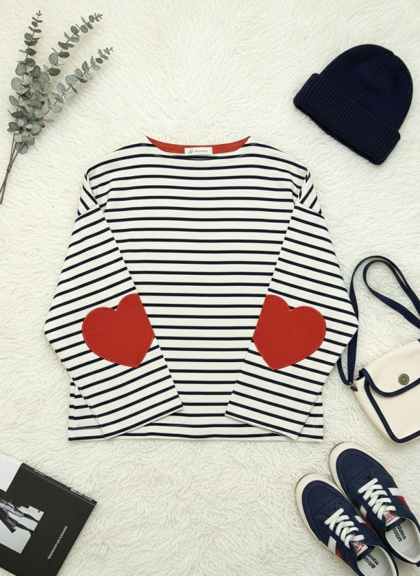 Heart Elbow Breton Stripe Boatneck Tee Cotton
